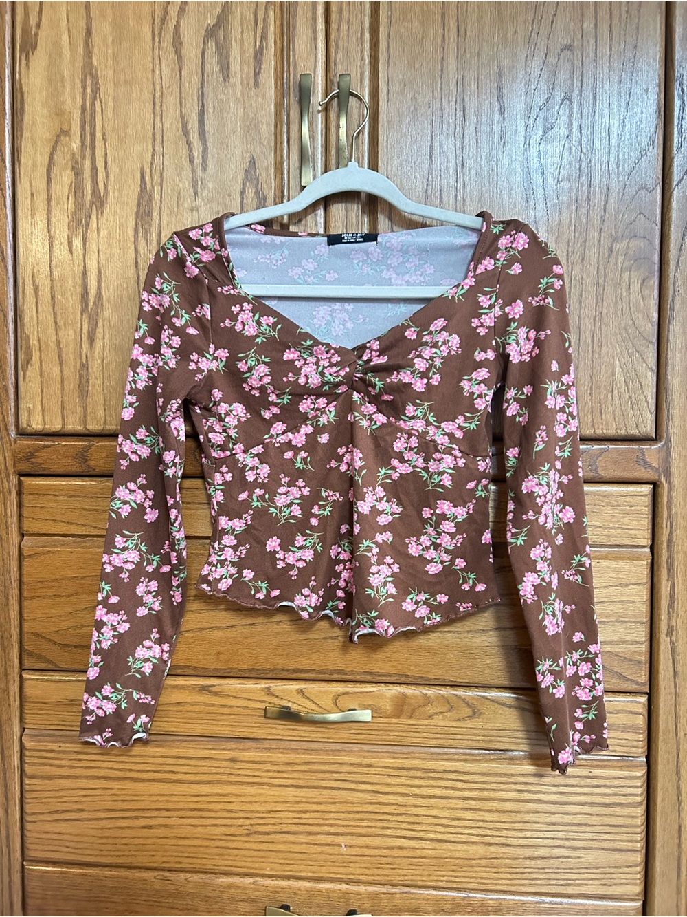 Brown Floral Twist-Front Long Sleeve Tee by Brandy Melville
